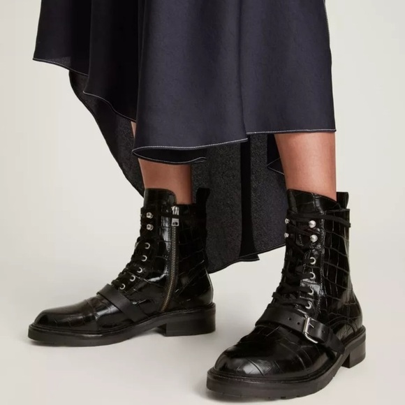 New All Saints Donita Shiny Croc Buckle Boots - Picture 2 of 7